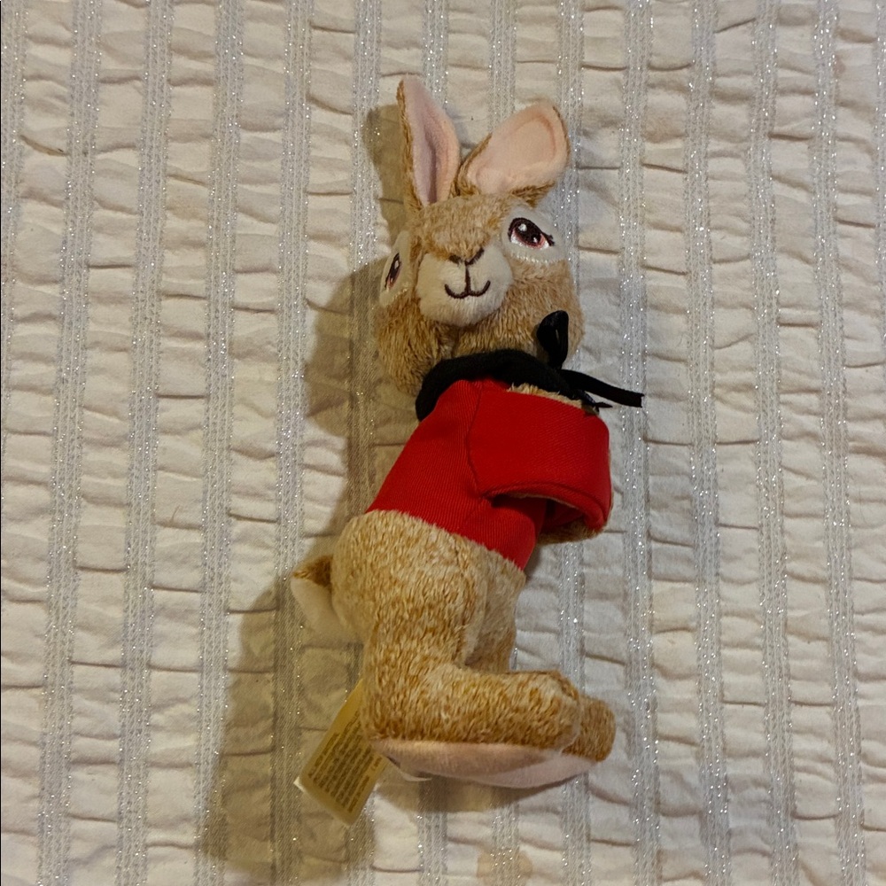 Charming Peter Rabbit Tan and Red Bunny Plush Toy. His Arms Clip Around Pole